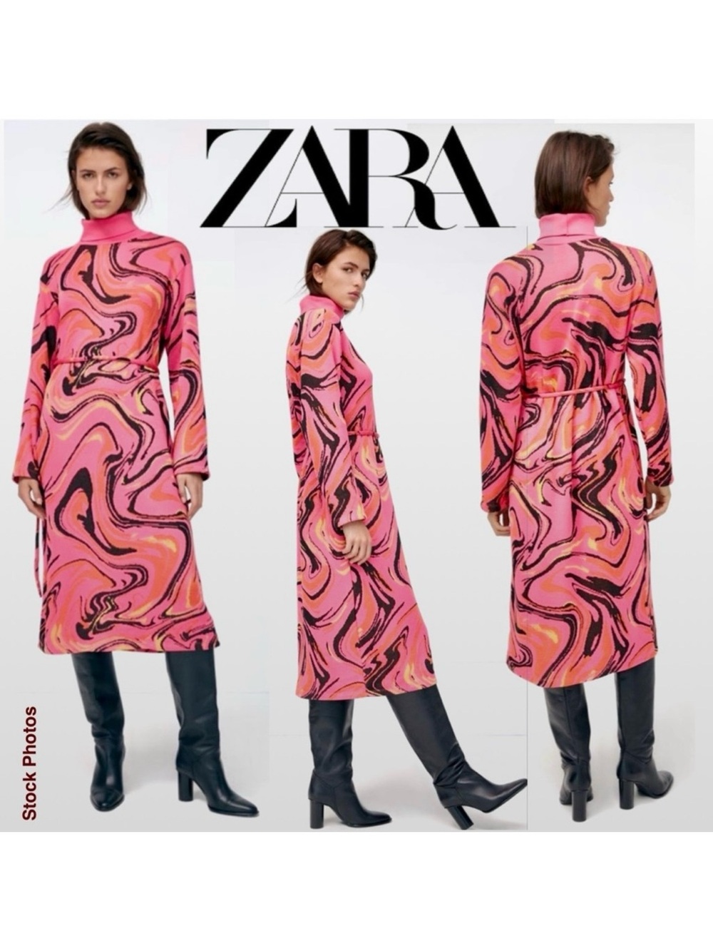 Zara Abstract Turtleneck Sweater Dress Long Sleeve Pink Black (S)